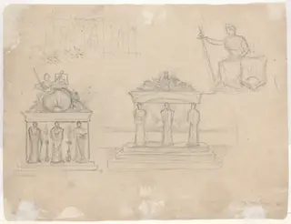 Studies of Classical Temple Facades and Seated Female Figure [verso], by John William Casilear, graphite, 1852