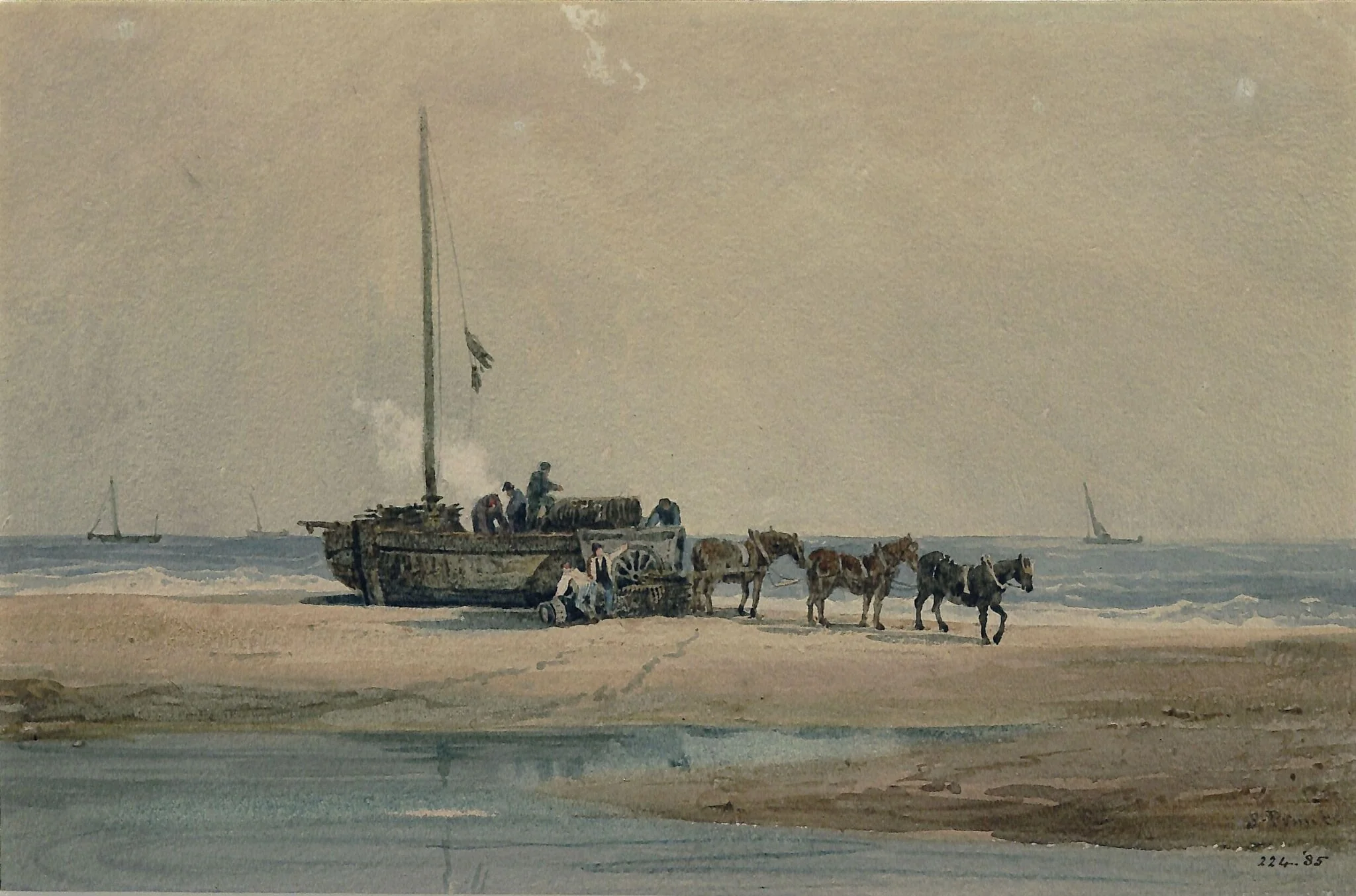 Coast scene with fishermen boiling shrimps, detail