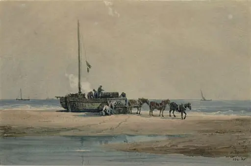 Coast scene with fishermen boiling shrimps, by Samuel Prout, watercolor, 1800