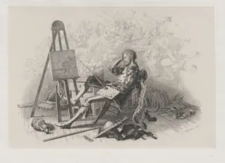 Morning after the Masked Ball: Emil Theodor Richter at His Easel, by Eugen Napoleon Neureuther, ink, 1840
