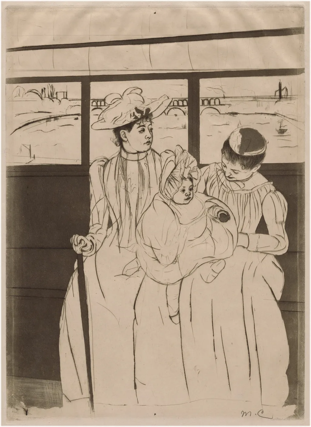 In the Omnibus, by Mary Cassatt, ink, 1890