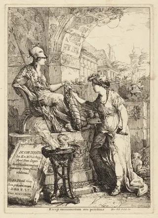 Exegi Monumentum (Art Inscribing Minerva's Shield), by Giovanni David, ink, 1775
