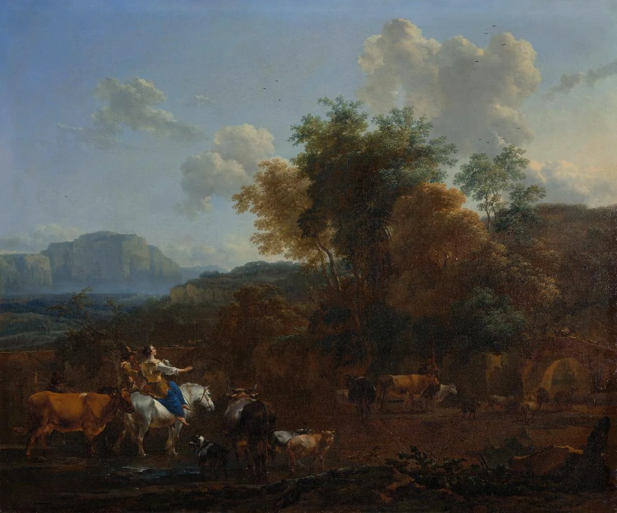 Italienische Landschaft mit musizierenden Hirten und ziehender Herde, detail