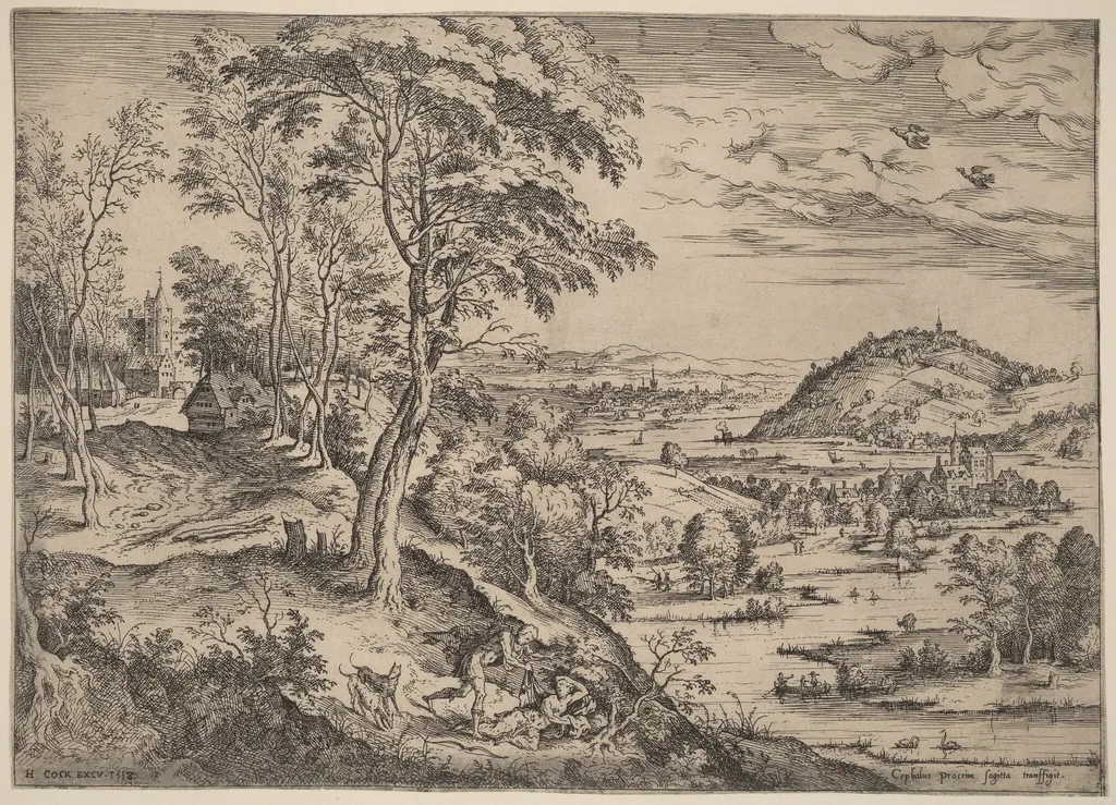 Cephalus and Procris, by Hieronymus Cock, ink, 1558