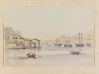 View of the Bosphorus with warships, by Michael Anthony Shrapnel Biddulph, watercolor, 1855
