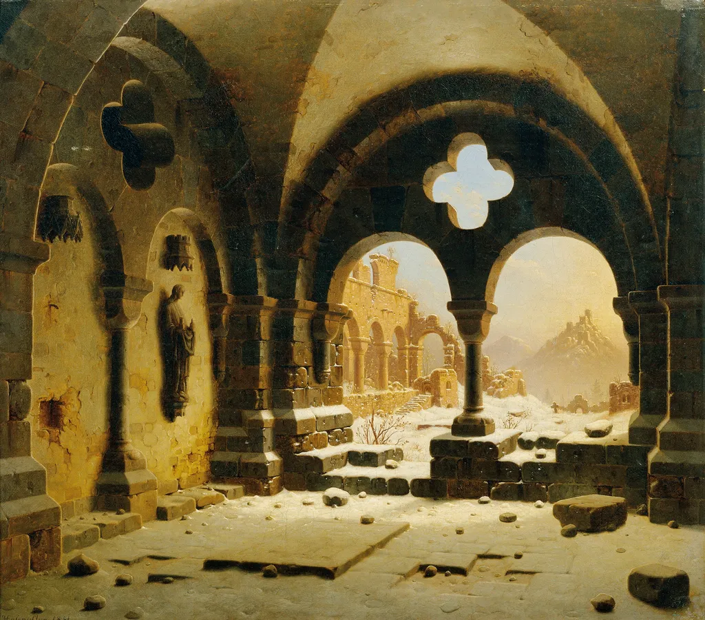 Klosterruine im Winter, by Carl Hasenpflug, oil, 1851