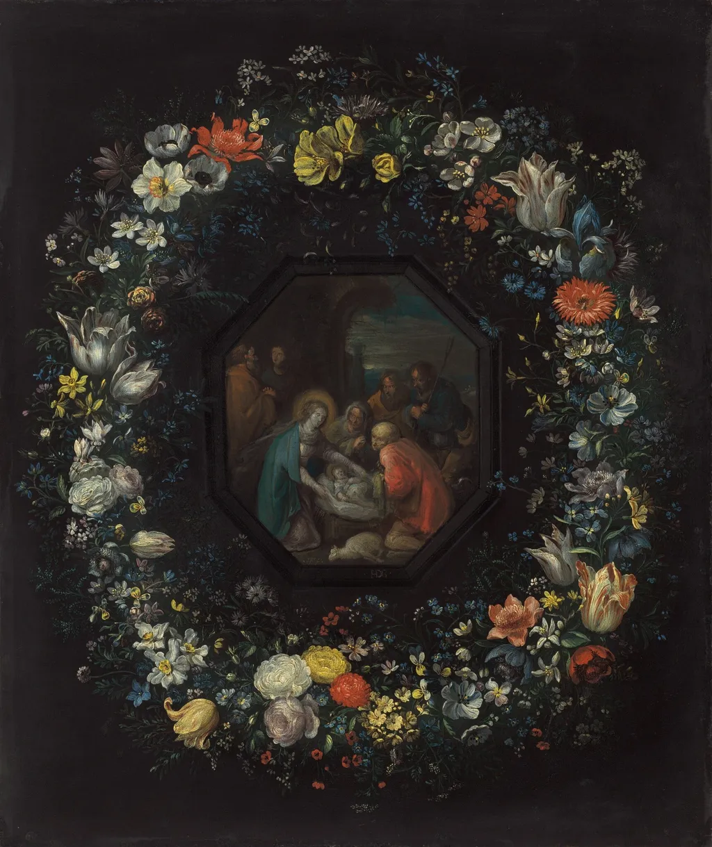 Garland of Flowers with Adoration of the Shepherds, by Frans Francken the Younger, oil, 1628