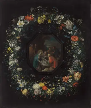 Garland of Flowers with Adoration of the Shepherds, by Frans Francken the Younger, oil, 1628