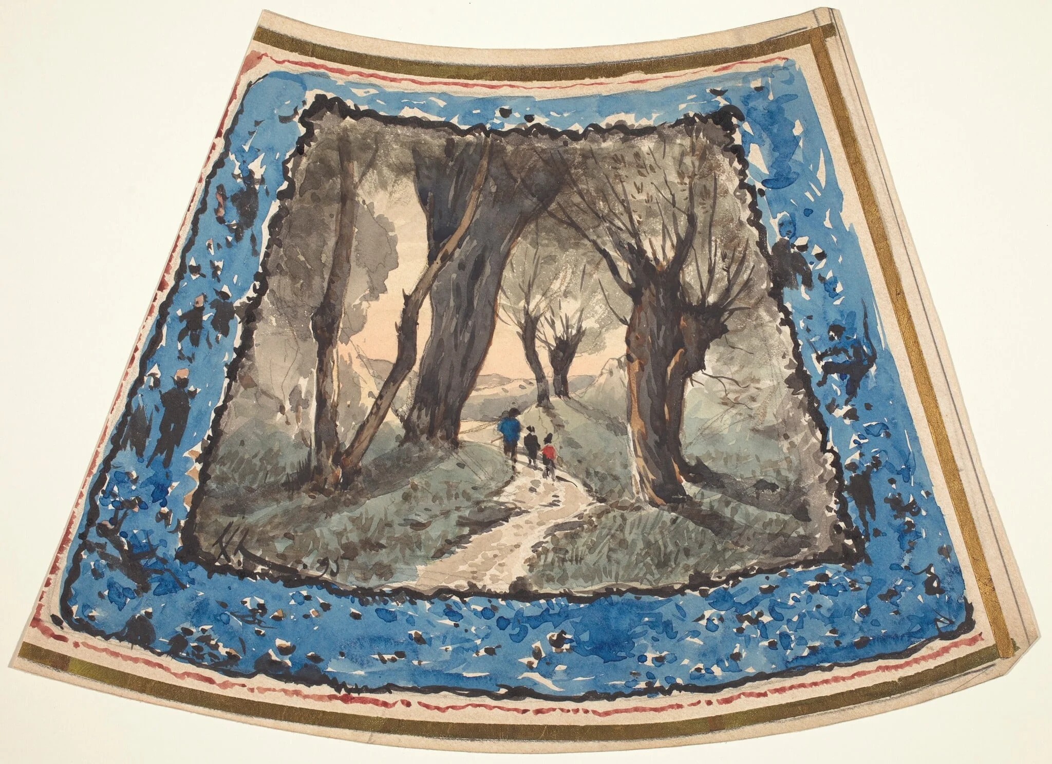 Travelers on a Wooded Path with a Border of Whimsical Figures and Monkeys, detail