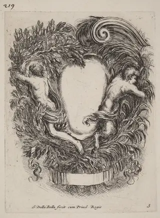 Cartouche with Apollo and Pan, by Stefano Della Bella, ink, 1647