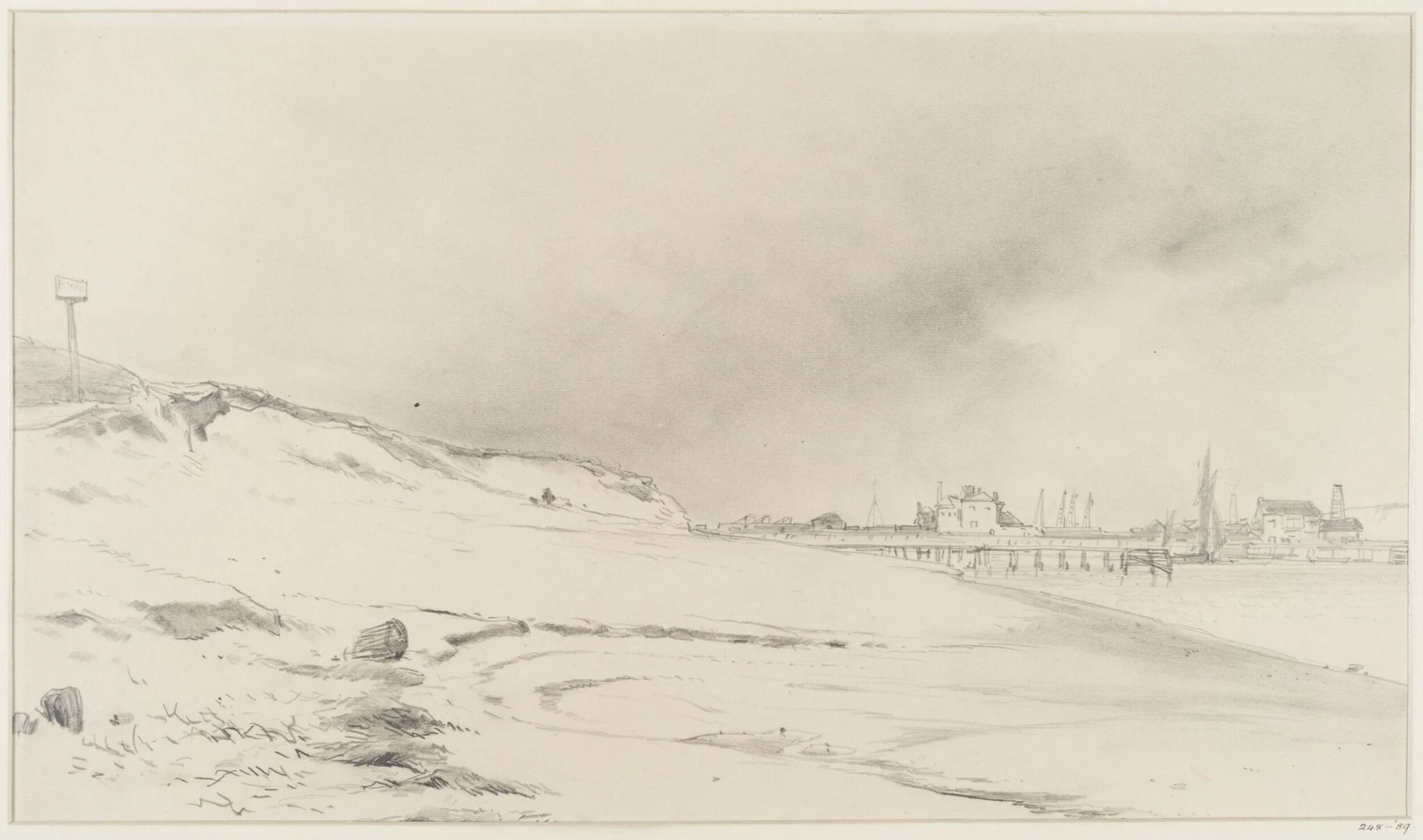 River bank with jetty and buildings, detail