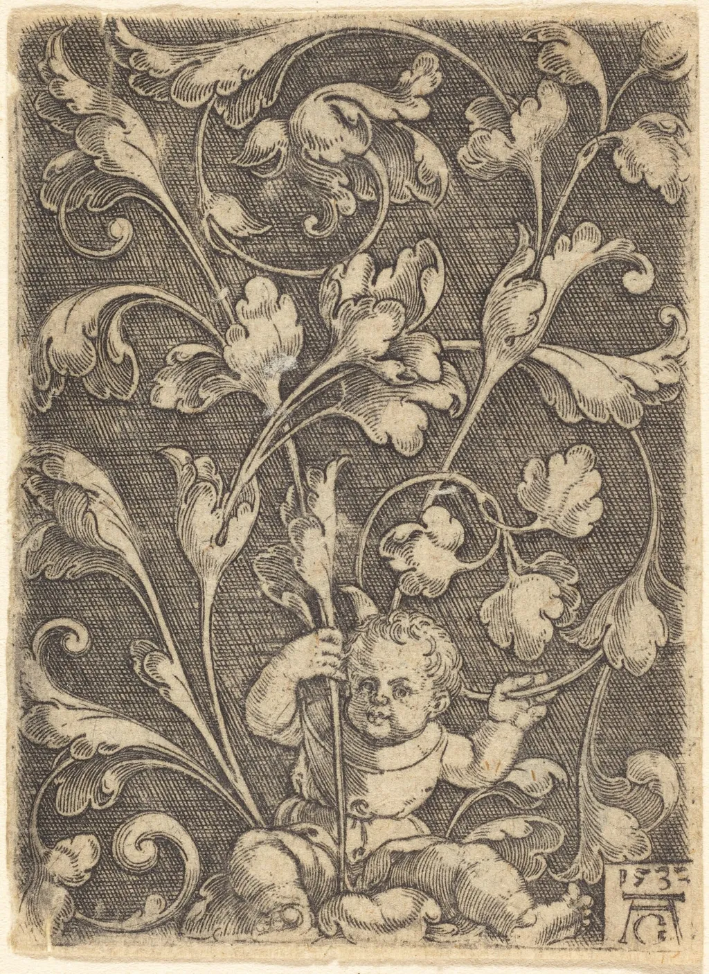 Scroll Ornament with Seated Child, by Heinrich Aldegrever, 1532