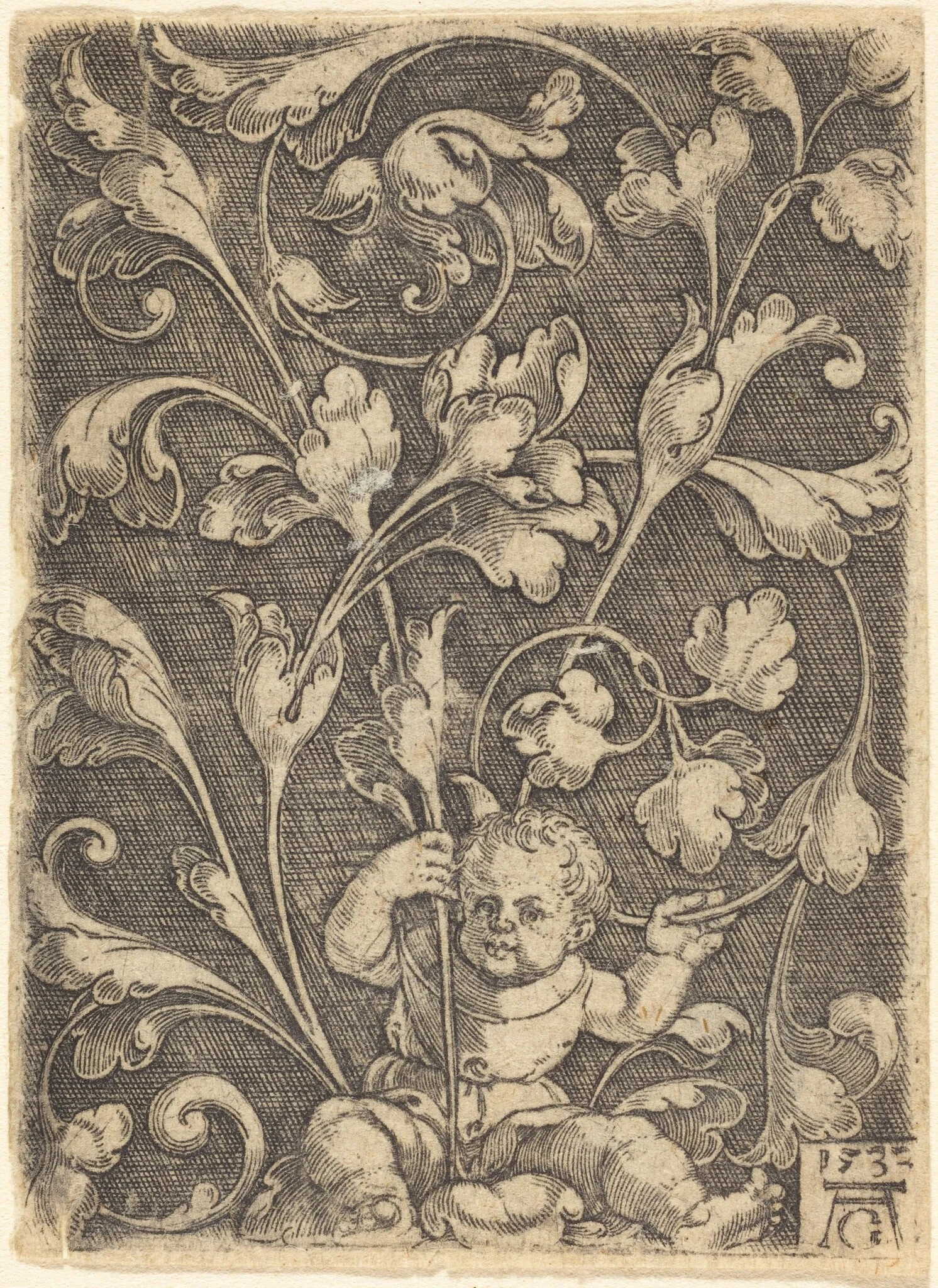 Scroll Ornament with Seated Child, detail