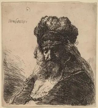 Old Bearded Man in a High Fur Cap, with Eyes Closed, by Rembrandt van Rijn, ink, 1635