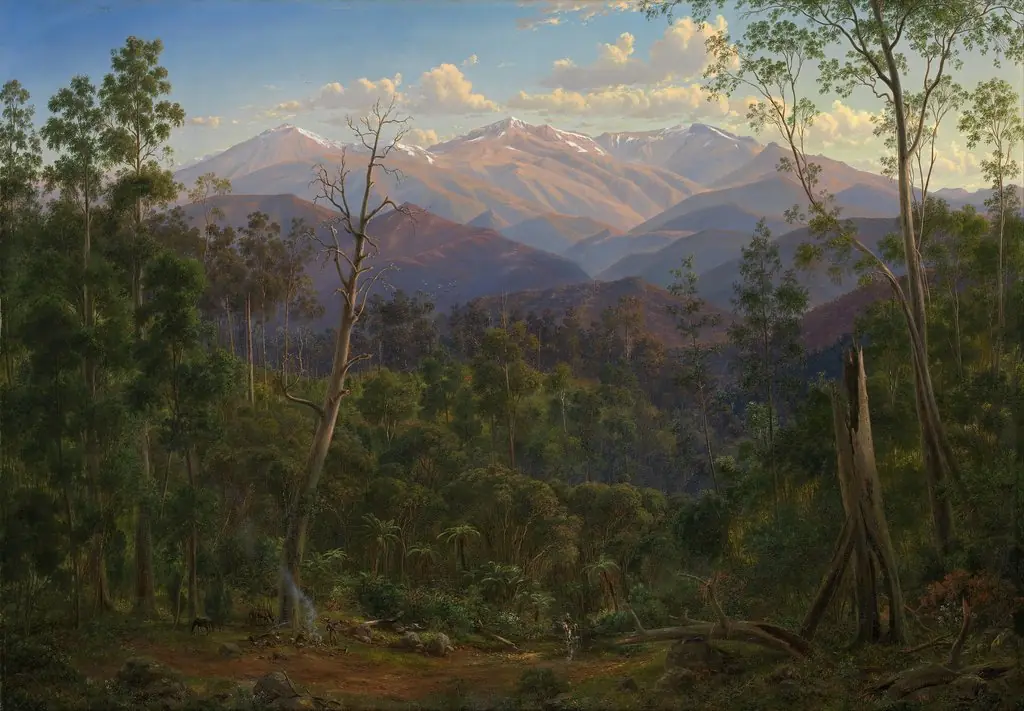 Mount Kosciusko, seen from the Victorian border (Mount Hope Ranges), by Eugene von Guerard, oil, 1866