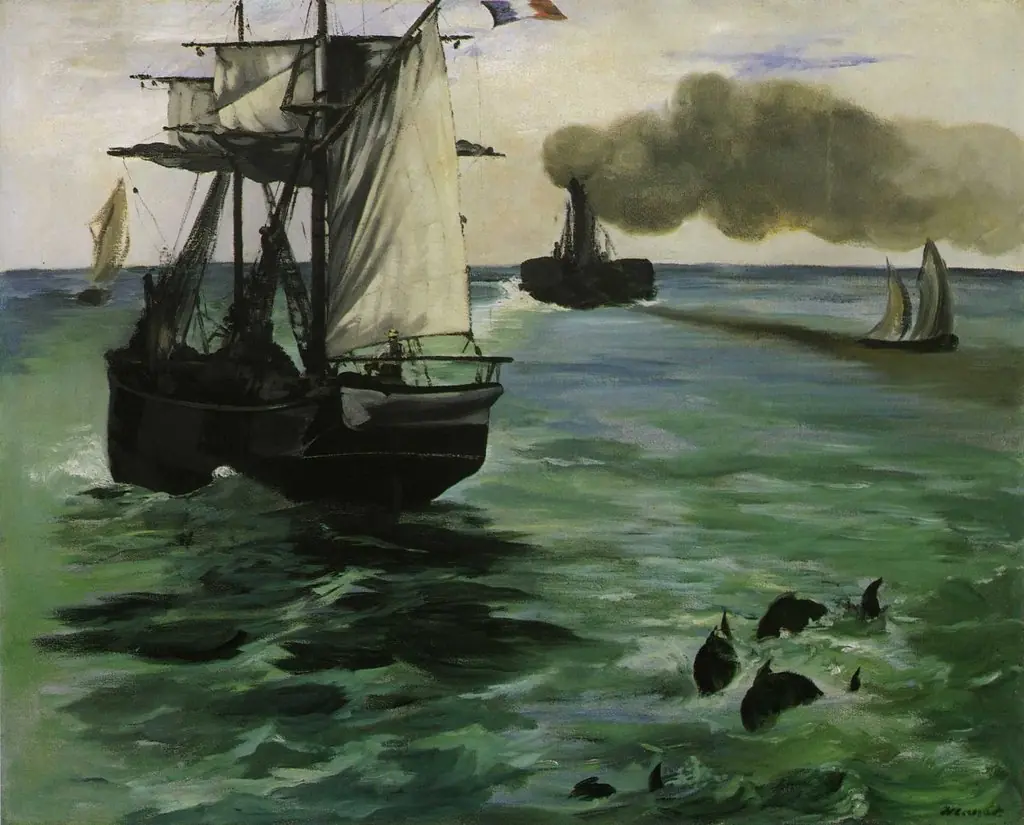 The Steamboat, Seascape with Porpoises, by Edouard Manet, oil, 1868