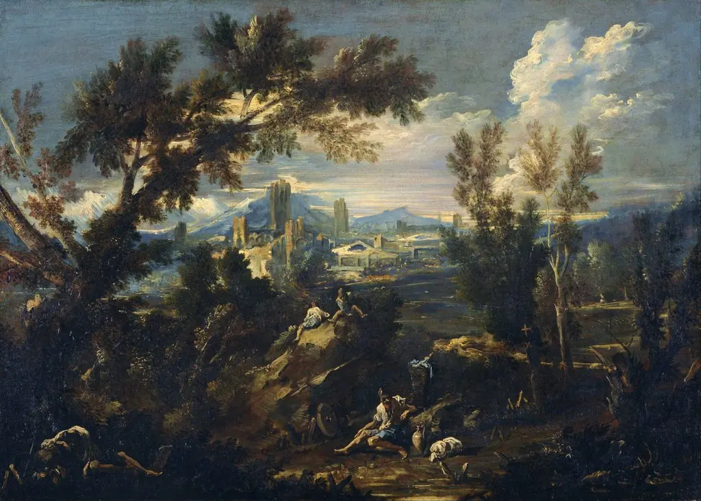 Landscape with Shepherds, by Alessandro Magnasco, oil, 1721