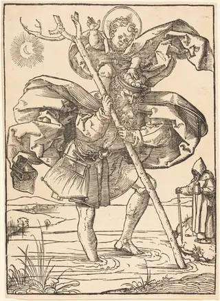Saint Christopher, by Sebald Beham, ink, 1520