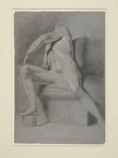 Study of a male nude figure, seated, with his right foot on a round block and his head thrown back., by John Constable, 1800