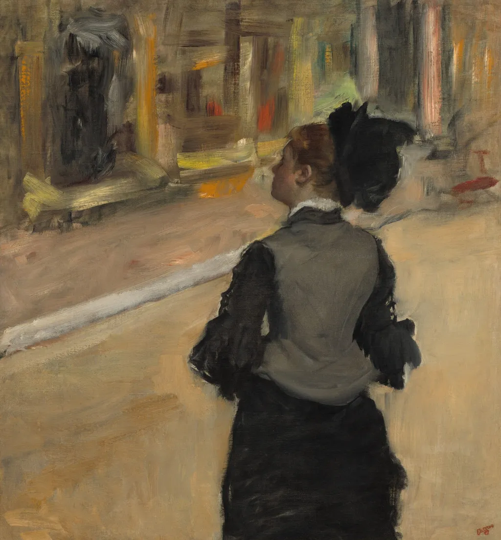 Woman Viewed from Behind (Visit to a Museum), by Edgar Degas, oil, 1882