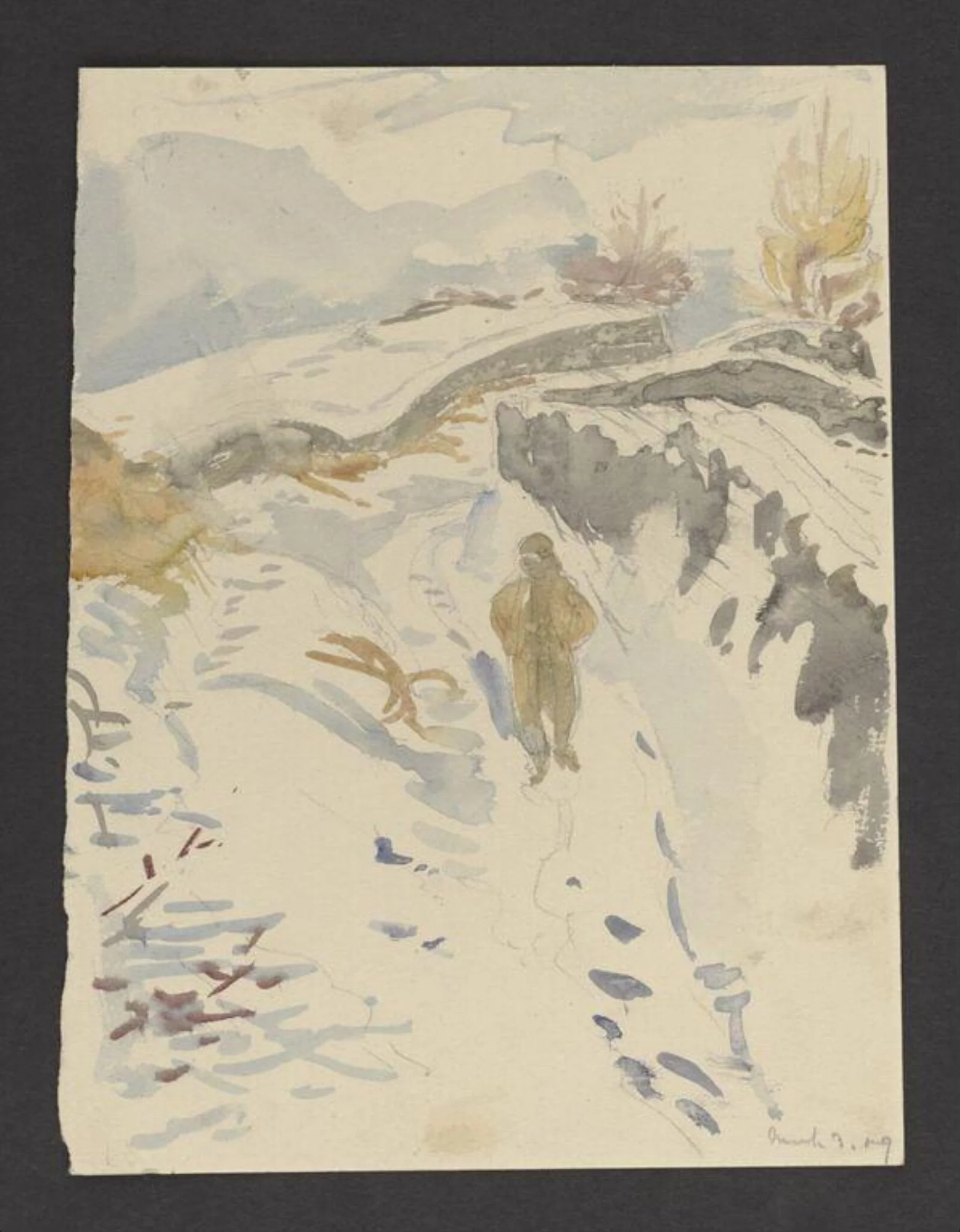 A man walking through a snowy landscape, detail