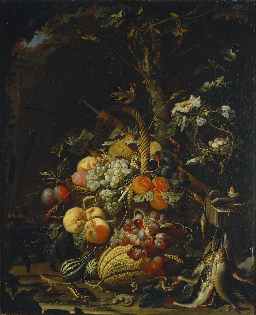 Forest floor still life with fruit, fish and a bird's nest, by Abraham Mignon, oil, 1670