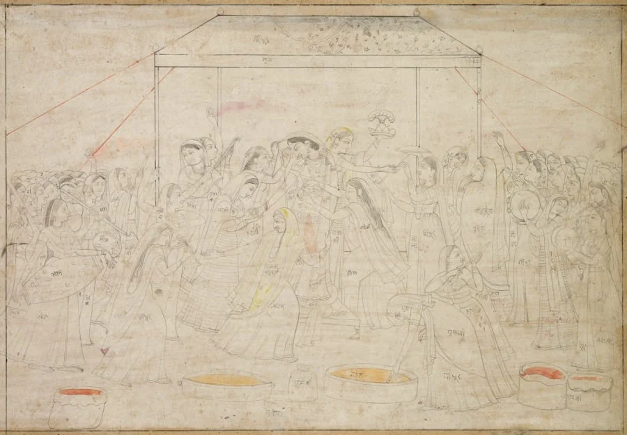 Krishna being dressed in women’s clothes for the spring festival Holi, detail
