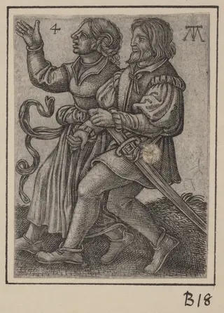 Dancing Couple, Facing Left, by Martin Treu, ink, 1540