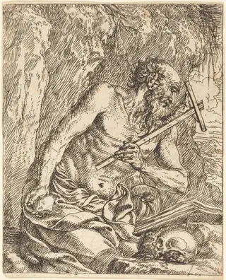Saint Jerome Penitent, by Jonas Umbach, ink, 1658