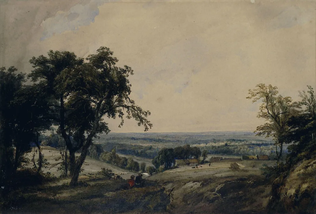 Landscape with figures and cottages in a hollow, by Théodore Fourmois, watercolor, 1830