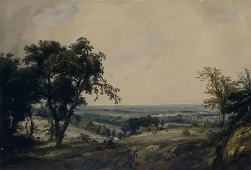 Landscape with figures and cottages in a hollow, by Théodore Fourmois, watercolor, 1830
