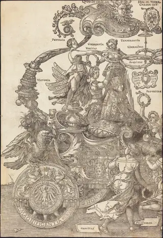 The Triumphal Chariot of Maximilian I (The Great Triumphal Car) [plate 1 of 8], by Albrecht Dürer, ink, 1523