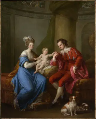 Edward Smith Stanley (1752–1834), Twelfth Earl of Derby, with His First Wife (Lady Elizabeth Hamilton, 1753–1797) and Their Son (Edward Smith Stanley, 1775–1851), by Angelica Kauffmann, oil, 1788