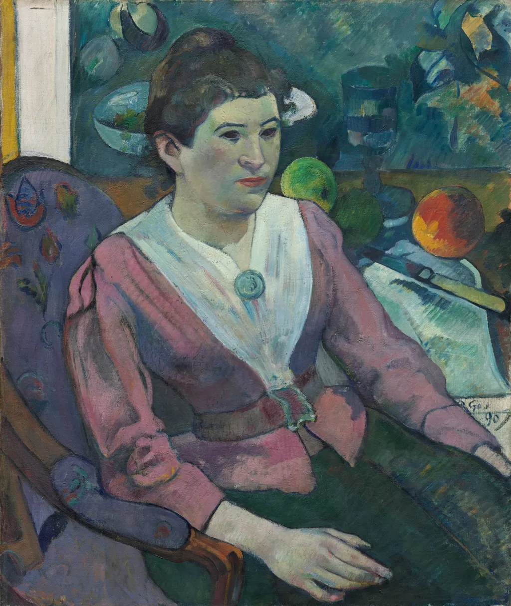 Woman in Front of a Still Life by Cezanne, by Paul Gauguin, oil, 1890