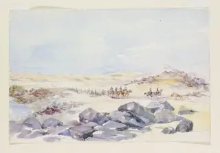 Cavalry under Capt.[sic] Broadwood marching from Wady Halfa to Sarras., by Jane Evelyn Lindsay, watercolor, 1896