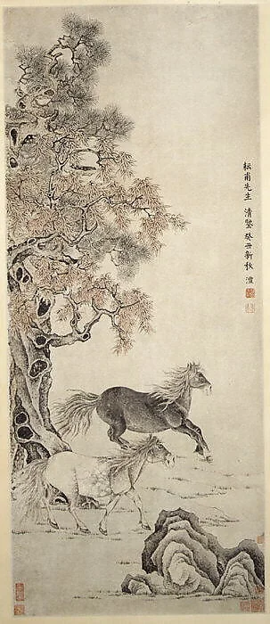 清 (倣) 錢灃 雙駿圖 軸|Two Horses, detail