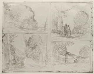 The Garden of Pericles; The Painter's Lane; Scrawl; The Large Woodcutter; The Tower of Henry VIII, by Jean Baptiste Camille Corot, 1856