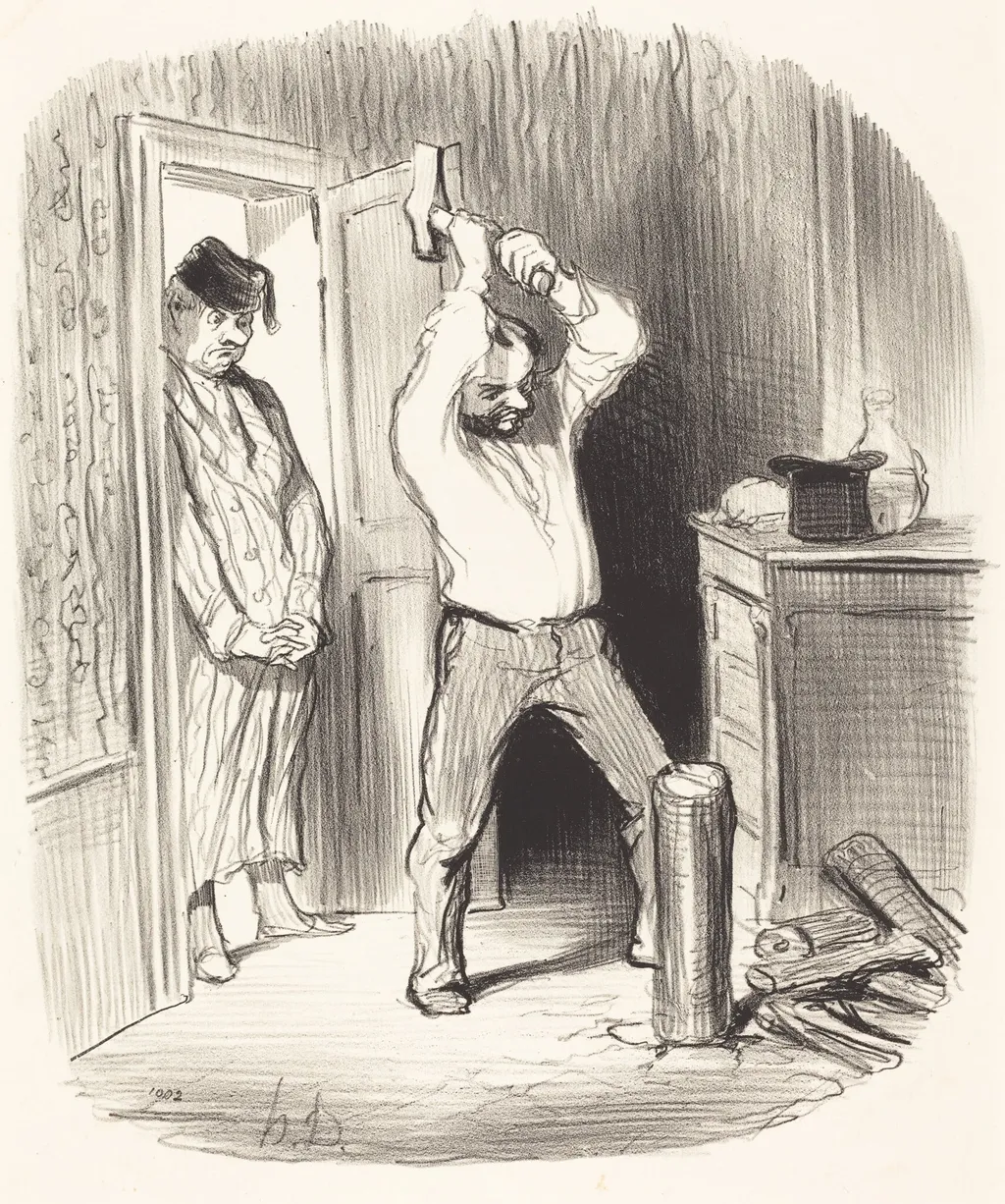 Est-il dieu permis... fendre du bois..., by Honoré Daumier, ink, 1847