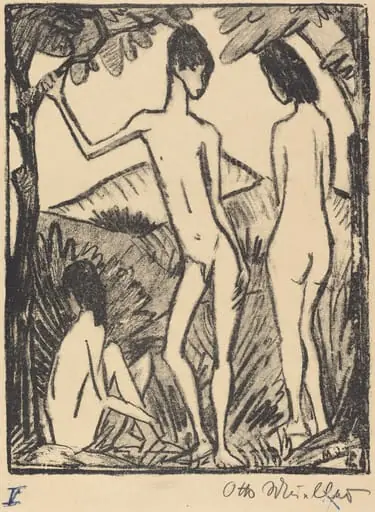 Standing Boy and Two Girls (second version)  (Stehender Knabe und zwei Mädchen 2 ), by Otto Mueller, ink, 1917
