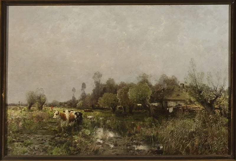 Summer landscape with a cottage on marshland, detail