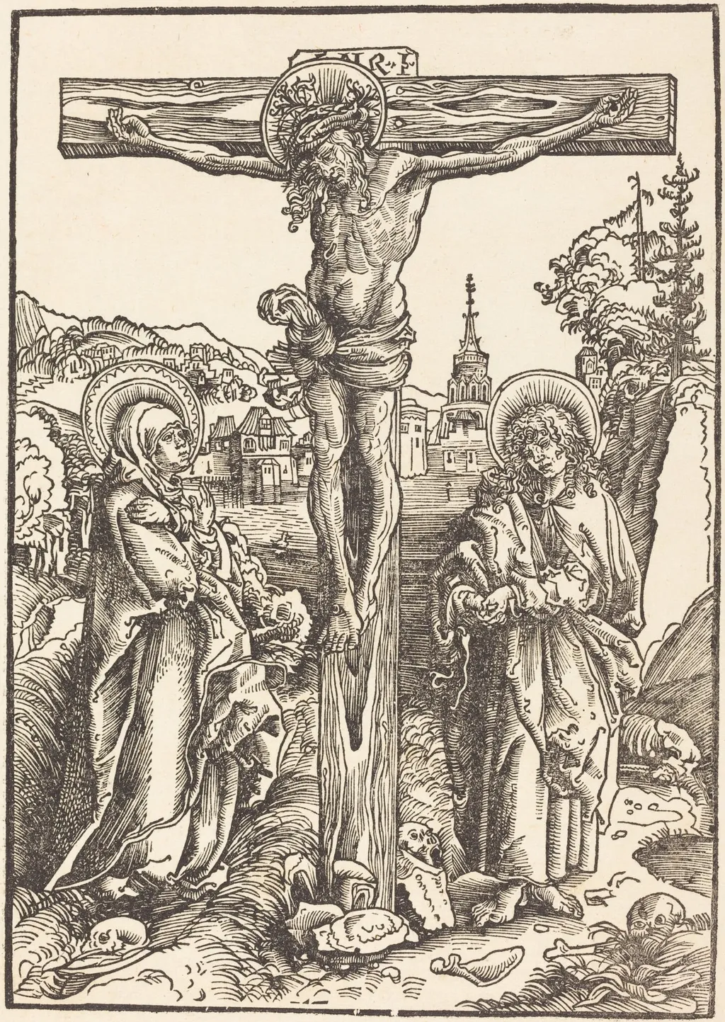 Christ on the Cross Between the Virgin and Saint John, by Lucas Cranach the Elder, ink, 1502