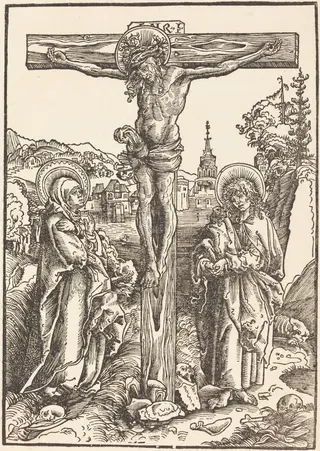 Christ on the Cross Between the Virgin and Saint John, by Lucas Cranach the Elder, ink, 1502