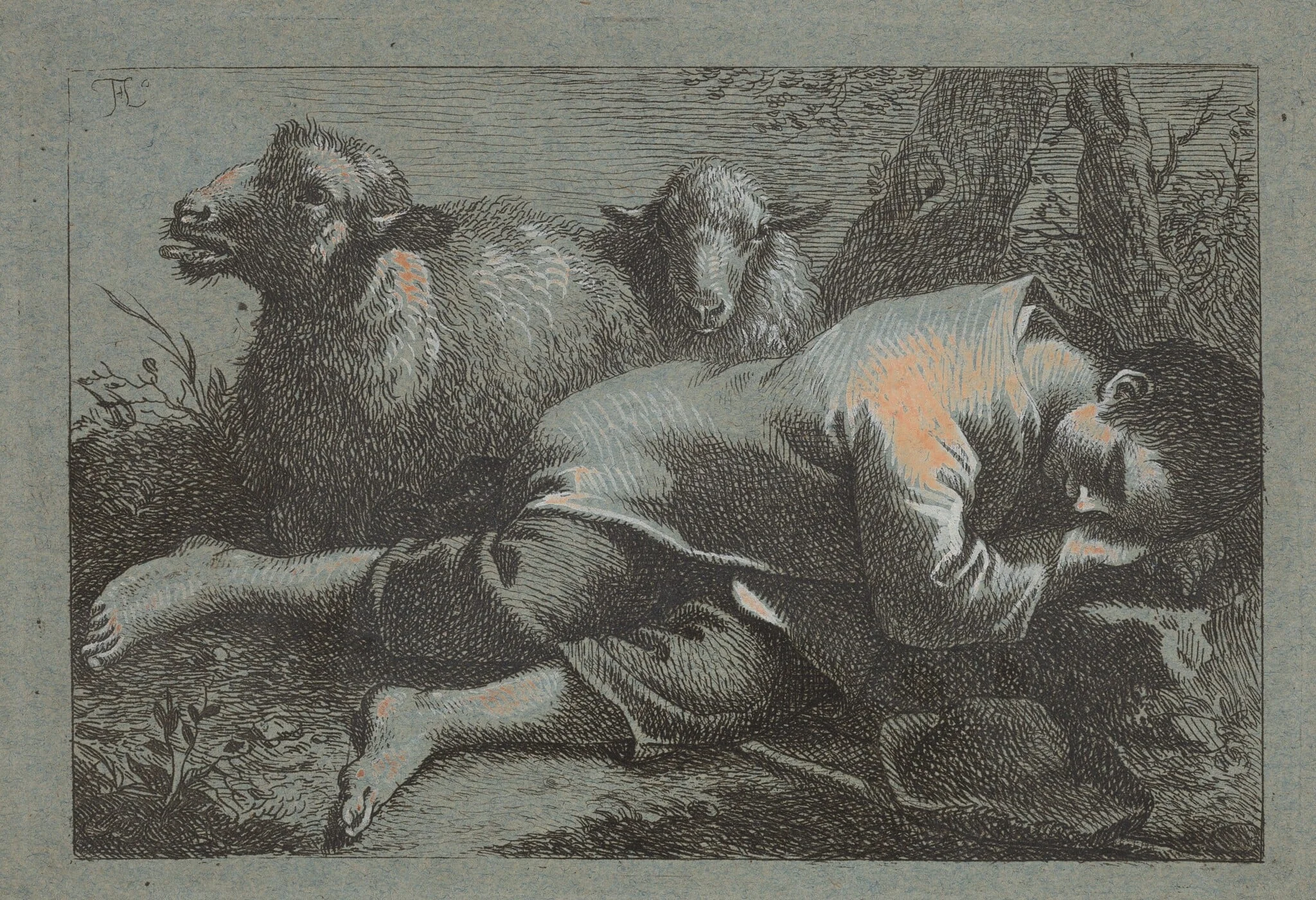 Peasant Boy Asleep near Two Sheep, detail