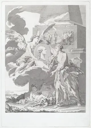Allegorical Portrait of Pierre Buirette de Belloy, by Louis-Simon Lempereur, ink, 1767