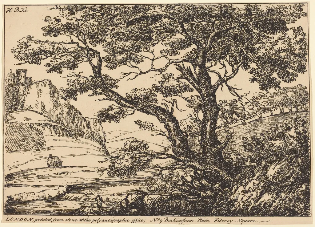 Landscape with Large Tree, Castle on Left, by H.B. Ker, ink, 1807