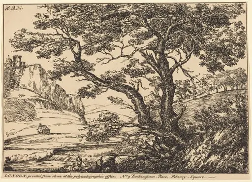 Landscape with Large Tree, Castle on Left, by H.B. Ker, ink, 1807
