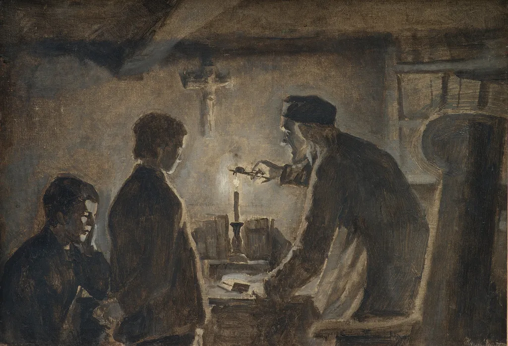 Pastor Sören blows out the candle on the New Year's Eve, by Hans Smidth, oil, 1900