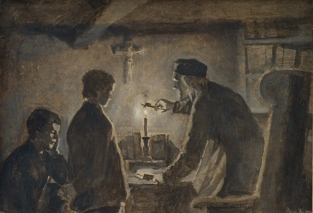 Pastor Sören blows out the candle on the New Year's Eve, by Hans Smidth, oil, 1900