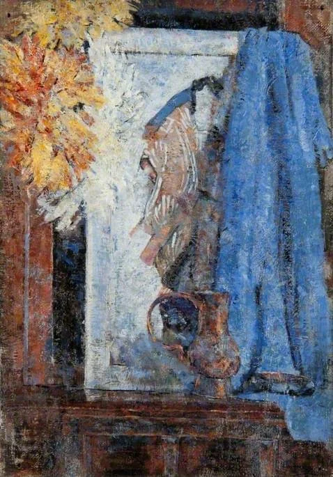 Still Life, a Jug, a Japanese Print and a Blue Drape, detail