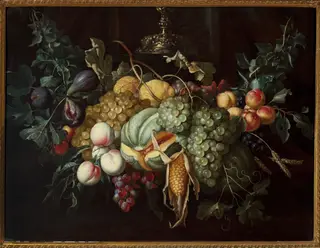 Still life with fruits and corn, by Alexander Coosemans, oil, 1668